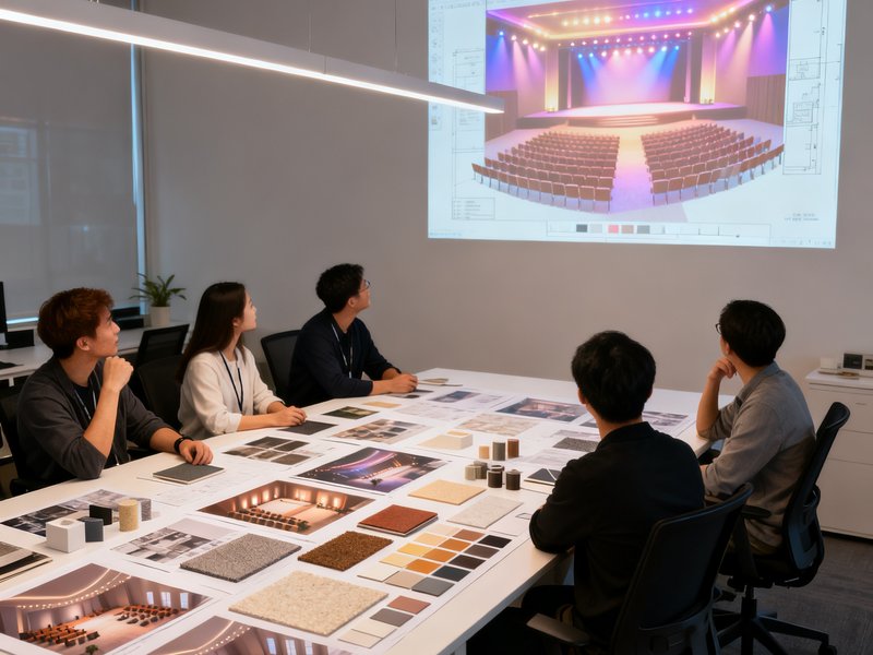 公海贵宾会官网展示的空间设计团队工作场景：五名设计师围坐在大型会议桌旁，桌面上铺满了会场布置的3D渲染图和材质样本，墙上投影着灯光布局方案，氛围专注而富有创意。